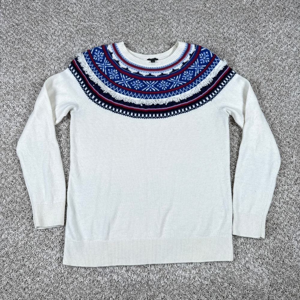 Talbots‎ Sweater Womens M Ivory Blue Fair Isle Fringe Yoke Crewneck Long Sleeve